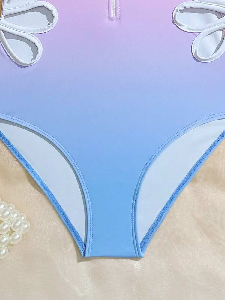 SHEIN 少女渐变色拉链镂空长袖连体泳衣 - 淺藍色 - 查看 7