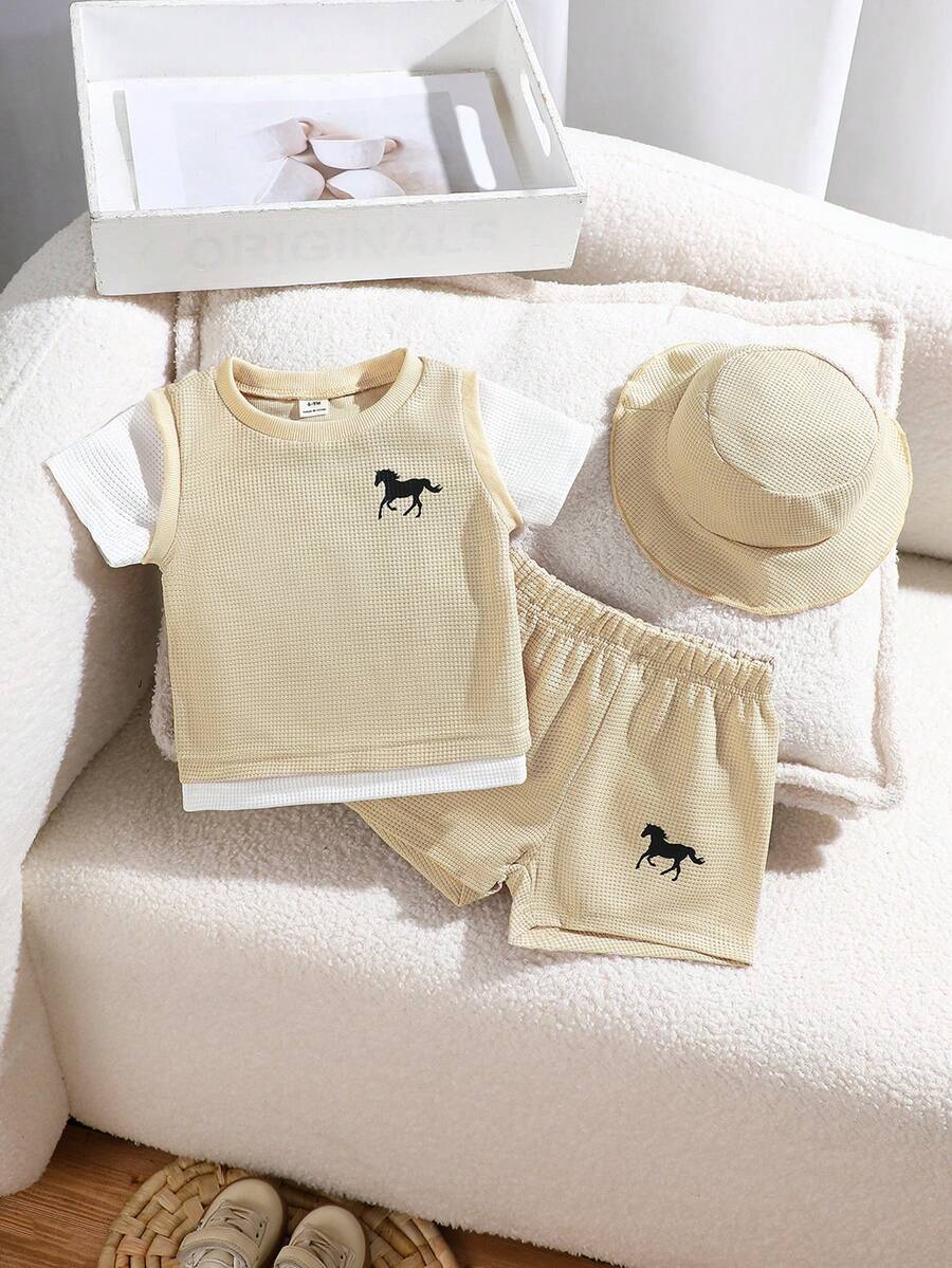 SHEIN Playful Pals 3-Pack Baby Boy Summer Blue Round Neck 2 In 1 Top And Shorts With Hat, Waffle Fabric, Suitable For Daily Outdoor Play, School, Vacation, Elegant Style, Suitable For Family Leisure, Sports And Gatherings - Khaki - View 1