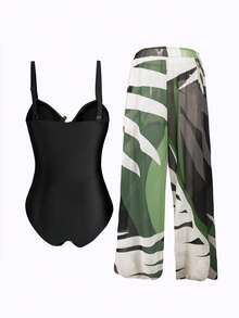 Swim Oasis 大码女式绿色提花面料休闲度假吊带低领连体泳衣配沙滩罩衫两件套泳装 - 黑色 - 查看 2