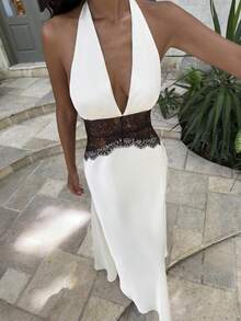 Opulessa 女士纯色蕾丝拼接吊带连衣裙 - 白色 - 查看 3