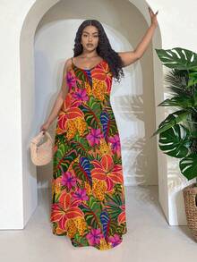 Slaydiva Plus Size Women Tropical Floral Print Spaghetti Strap A-Line Dress, Suitable For Vacation - Multicolor - View 5