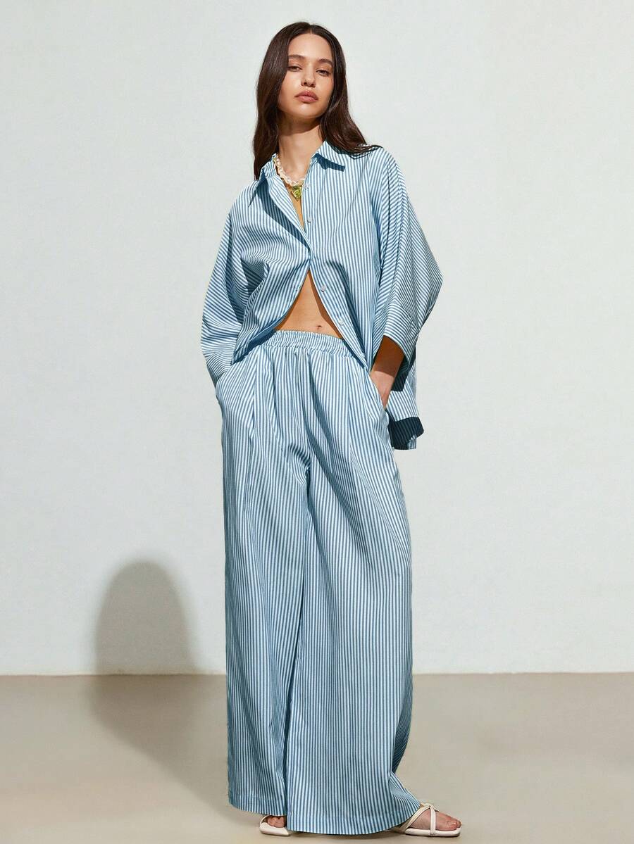Aveloria Affinna Women's Casual Striped Loose Shirt And High Waist Wide Leg Pants 2 Pieces Set - Mint Blue - View 1