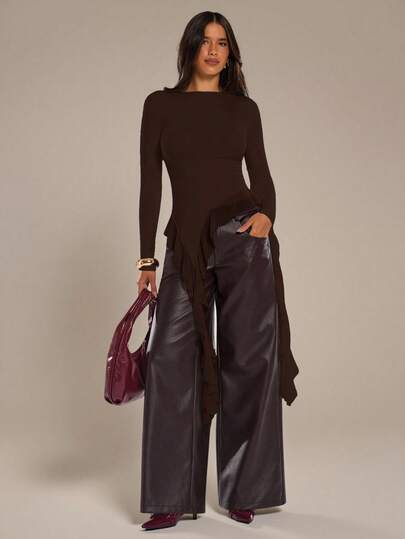 SHEIN BAE ملابس علوية نسائية عصرية للخريف بلون موحد متعددة الاستخدامات بحافة مكشكشة غير متماثلة