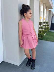 SHEIN 2pcs Young Girl Woven Solid Color Vest And Skirt Set - Coral Pink - View 3