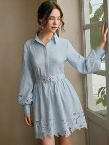 Anewsta Women's Hollow Out Embroidery Mini Dress, Fashionable For Valentine's Day, Women's Day, Mother's Day, Birthday, Date Night, Vacation - Blue - View 3