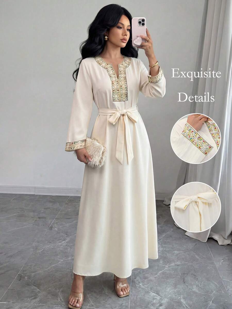 Rafferiza Women's Vintage Apricot Embroidered V-Neck Loose Long Sleeve Midi Dress, Patchwork Design, Suitable For Vacation, Daily Wear, Artistic Style, Party, Commute, Minimalist,Winter Clothes For Women,Summer,Spring,Valentine's Day ,Romance , Dating,Beach, Wedding,Birthday,Going Out,Elegant,Casual,Vacation,Graduation Season Attire Abayas Dubai Luxury Butterfly Abaya Abaya For Women Dubai Abaya Set - Apricot - View 1