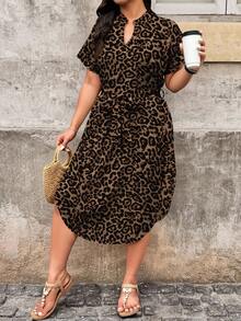 EMERY ROSE Plus Size Women Leopard Print V-Neck Short Sleeve Casual Summer Dress - Multicolor - View 4