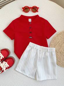 SHEIN Conjunto de 2 piezas de camisa polo de cuello rojo y pantalones cortos a rayas blancas de verano casual para bebé niño, adecuado para fiesta de cumpleaños, rave, fiesta de noche, actuación, boda, baby shower y celebración del 1er cumpleaños - Multicolor - Ver 5
