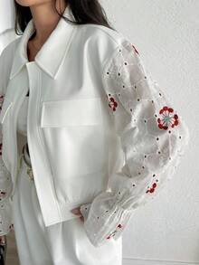 SHEIN Women's Casual Hollow Out Embroidered Drop Shoulder Long Sleeve Jacket With Pockets, Spring/Autumn - Beige - View 5