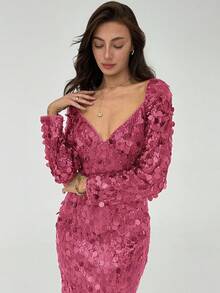 Aloruh Vestido largo de fiesta con cuello en forma de corazón y lentejuelas, para Navidad y Halloween - Burdeos - Ver 5