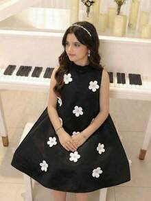 SHEIN 少女休闲日常通勤可爱黑色立领泡泡袖直筒碎花连衣裙，春夏款 - 黑色 - 查看 5