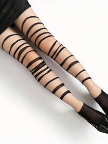 ROMWE Anime 1 Pair Of Spice Girl Personalized Ripped Striped Women's Stockings Bottoming Pantyhose - Black - View 4