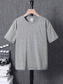 SHEIN Áo thun tay ngắn cổ tròn tối giản dành cho bé trai tuổi teen, phong cách vintage, họa tiết tranh sơn dầu cổ điển, hình ngôi sao trừu tượng ở mặt sau, thích hợp cho mùa hè. - Xám - Xem 2