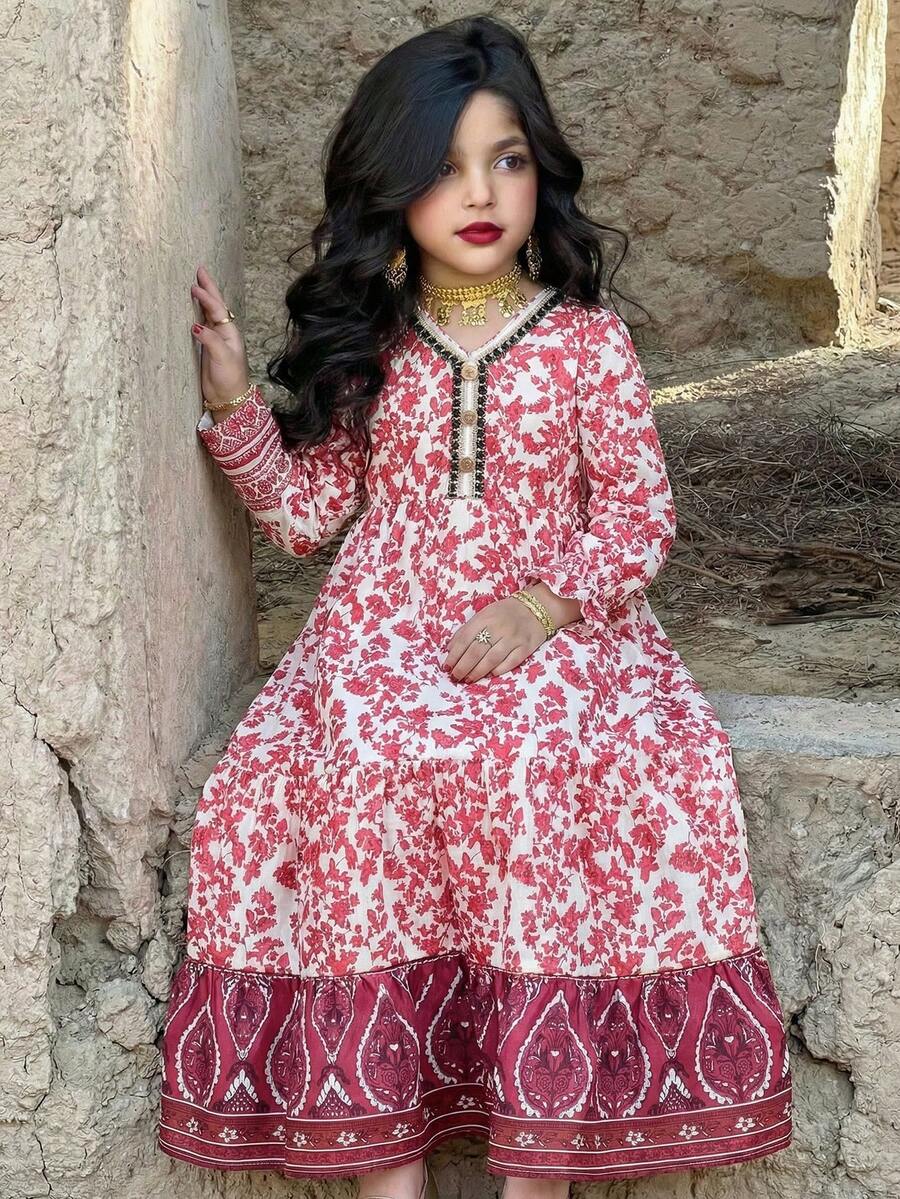 SHEIN 少女碎花V领修身连衣裙 - 紅白色 - 查看 1