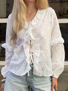 Livesso Ruffled White Hollow-Out Casual Loose Blouse For Women, Spring/Vacation - White - View 7