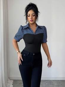 Elenzga Women's Solid Color Striped Patchwork Short Sleeve Shirt - Black - View 3