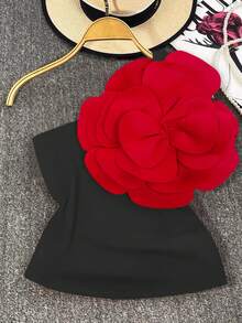 Selianne 新款红色纯色3D立体花卉斜领单肩吊带修身优雅露背针织上衣，适合女士春秋季新年穿着 - 紅色和黑色 - 查看 6