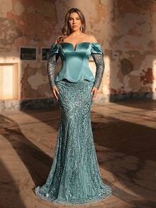 Aureia 大码优雅奢华灰蓝色露肩长袖薄纱弹力缎面拼接珠饰亮片花卉美人鱼连衣裙，适合婚礼、派对、度假、晚宴、正式场合（装饰繁复） - 藍色 - 查看 2