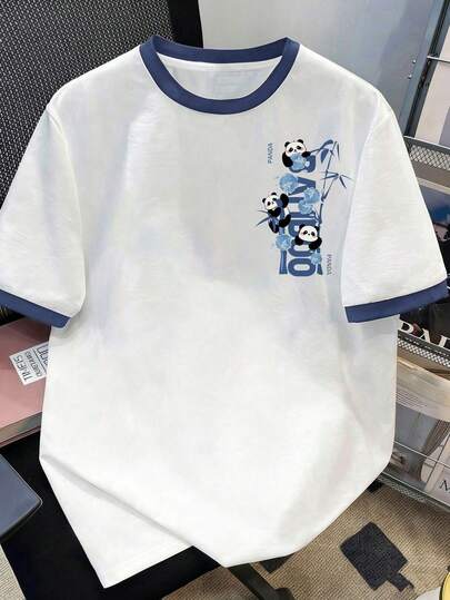 Manfinity Men's Loose Contrast Collar Short Sleeve T-Shirt, Casual Bamboo & Bear Print Pattern Design, Versatile For Daily Wear, Summer