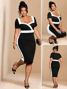 Elenzga 大码女式撞色短袖修身连衣裙，优雅大方，适合通勤和户外活动穿着。 - 黑與白 - 查看 1