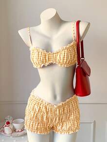 Comfortcana Bộ đồ nữ mùa hè, kiểu dáng thường ngày, họa tiết kẻ caro: áo hai dây và quần short. - Màu vàng - Xem 8