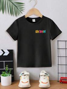 SHEIN Explorewe 男童休闲时尚创意个性清新简约酷炫数字67卡通人物音乐符号图案字母标语印花基础款短袖T恤，舒适日常穿着，适合春、夏、秋季穿着。 - 黑色 - 查看 2
