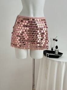 Elamini Women's Retro Sweet & Spicy Low Waist Mini Mesh Sequin Sequins Party Skirt - Pink - View 4