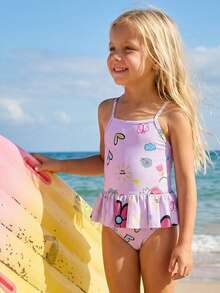 SHEIN Young Girl Random Floral Print Ruffle Trim Spaghetti Strap Bikini Swimsuit, Suitable For Beach Vacation In Summer - White - View 4