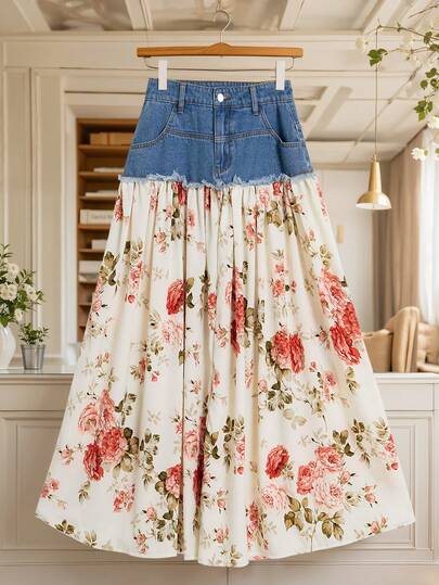 GlowEve Women's Floral Print Patchwork Denim Mini Skirt