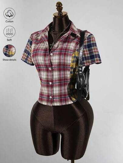 SaltGleam SaltGleam Contrast Plaid Patchwork Short Sleeve Button Front Fitted Sexy Blouse
