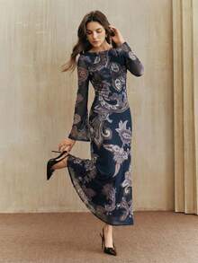 Anewsta Đầm ôm dáng thanh lịch, thiết kế eo thon, họa tiết hạt điều ngẫu nhiên, trang phục đi nghỉ mát cho nữ, thích hợp từ mùa xuân đến mùa hè. - Màu xanh hải quân - Xem 1