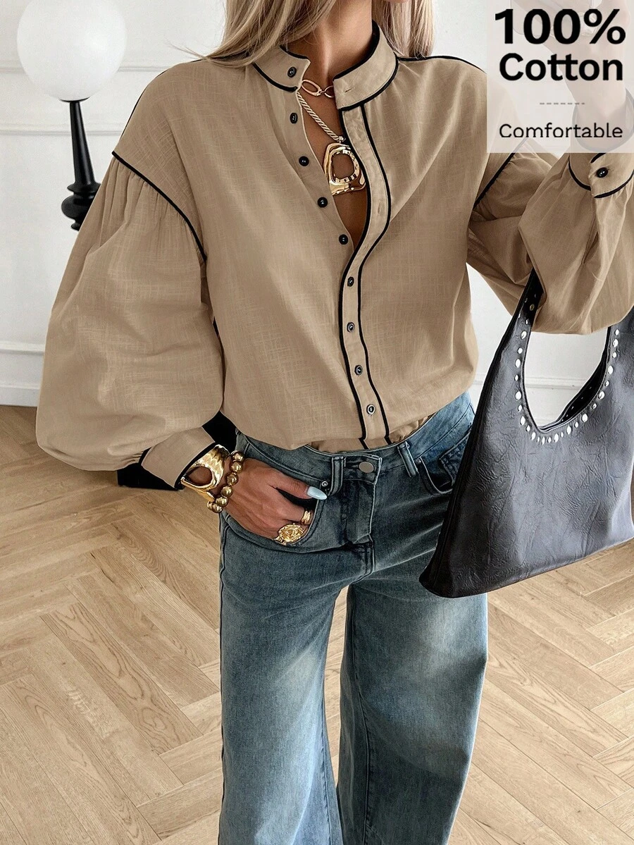 Siren Gaze 女士撞色滚边长袖衬衫，纯棉立领衬衫，秋季款 - 卡其色 - 查看 1