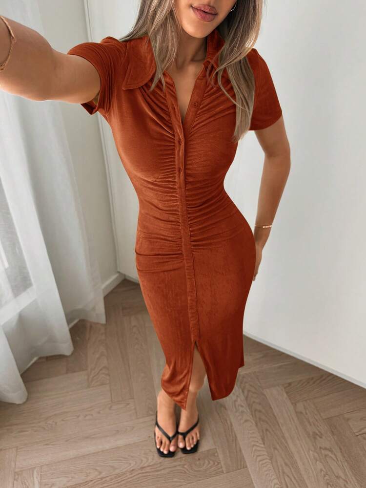 SHEIN Essnce Của phụ nữ Ngắn tay Vòng cổ Váy chữ A Với Ngực đơn Khép kín - màu nâu - Xem 7