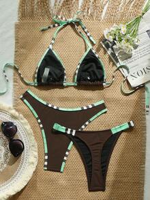 Swim Vcay 3pcs Solid Color Bikini Set, Women Swimwear For Spa Resort - Coffee Brown - View 2