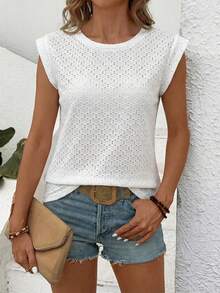 SHEIN LUNE Camiseta de cuello redondo de unicolor y textura casual de verano - Blanco - Ver 4