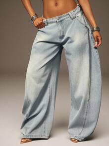 Denimoi Women's Casual Washed Low-Waist Flared Leg Jeans - Blue - View 1