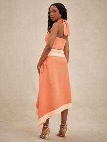 NYA SZN Matching Set Top And Skirt Halter Neck Camisole Tank Sleeveless Midi Skirt Fit And Flare Spring Summer Event Party Elegant Luxury Occasion Outfits For Women - Orange - View 2