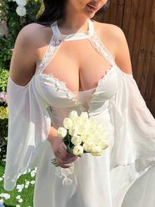 Lyrianda 法式复古柔软雪纺薄纱小众优雅新娘婚纱，露肩、V领、挂脖、无袖披肩，搭配同色蕾丝拼接优雅婚纱，白色 - 白色 - 查看 6