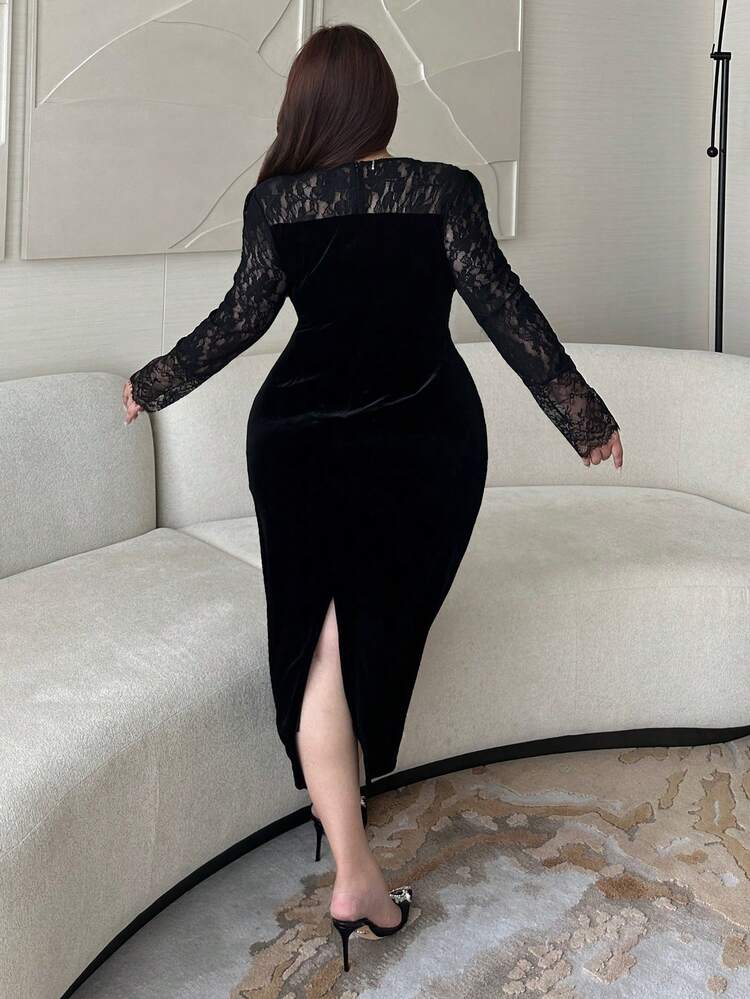 Dazy Plus Plus Size Women's Lace & Velvet Patchwork V-Neck Sexy Bodycon Dress, Suitable For Dates, Banquets, Parties, Spring/Summer Maxi Dress