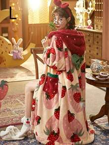 1pc Strawberry Print Hooded Fleece Bathrobe, Long Sleeve Warm Thick Button Closure Loungewear With Pockets, Women Sleepwear For Home, Bathroom, Spa, Salon, Hotel, Gym, Autumn - Multicolor - View 9