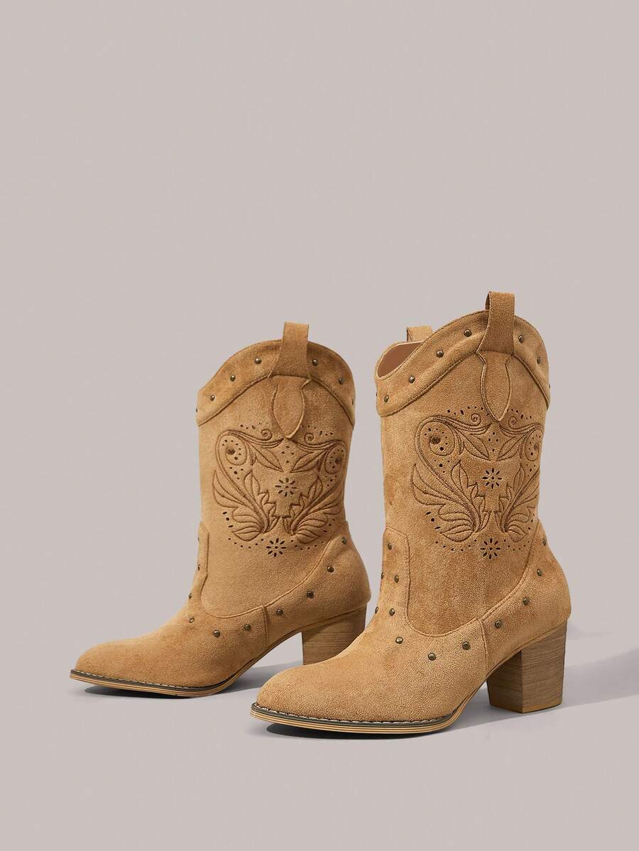 Styleloop Women's Pointed Toe Studded Western Style Fashion High Heel Mid-Calf Boots - Brown - View 1