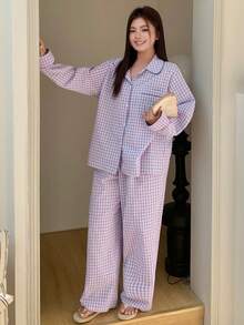 Dazy Plus 2 piezas Conjunto de pijama a cuadros, parte superior holgada con solapa y pantalones largos, traje de ropa de dormir para primavera, verano y otoño - Morado - Ver 7