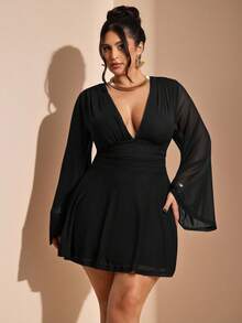 SHEIN BAE V-Neck Patchwork Waist Cinched Long Sleeve Short Dress - Black - View 1