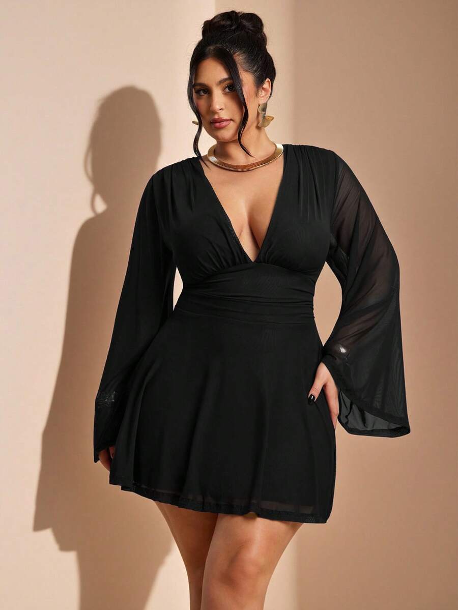 SHEIN BAE V-Neck Patchwork Waist Cinched Long Sleeve Short Dress - Black - View 1