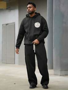 Heavens Edit 男士休闲时尚百搭日常通勤字母印花袋鼠口袋抽绳连帽衫，秋冬款 - 黑色 - 查看 1