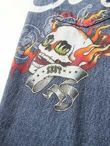 ROMWE MEN Men's Letter & Skull Print Pocket Casual Denim Shorts - Blue - View 7