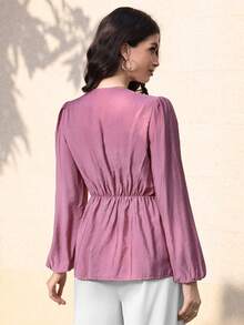 Mulvari Women's Lace Trim Tie Front Lantern Sleeve Casual Blouse, Versatile For Dates And Outings - Purple - View 3