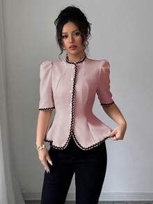 Elenzga 优雅撞色滚边泡泡袖收腰上衣，夏季 - 粉色 - 查看 6