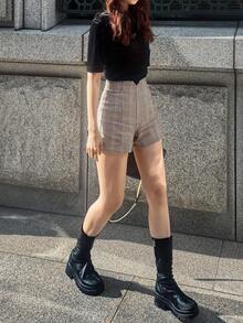 FRIFUL 女士休闲格子高腰短裤，适合夏季日常、工作、通勤等场合 - 咖啡棕 - 查看 6