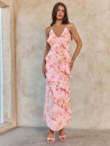 Enchnt 性感纯色无袖系带露背长裙，欧美时尚 - 粉色 - 查看 2